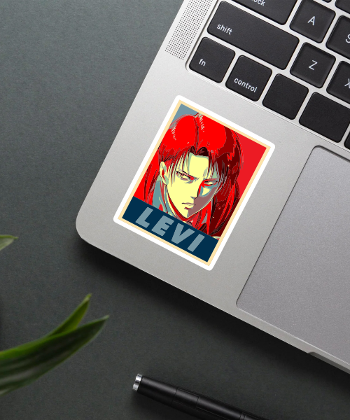 Levi poster style anime sticker on notebook showing bold red and blue colors