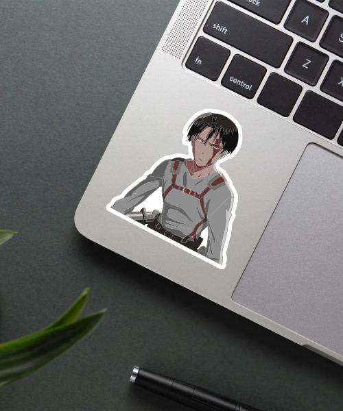 levi injured attack on titan sticker on water bottle showing battle wounds and gear