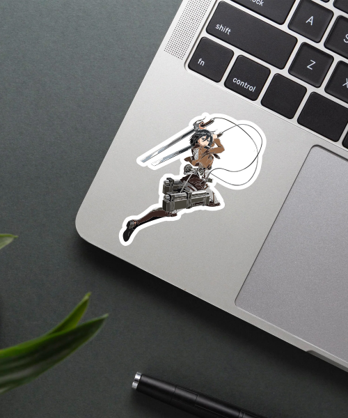 mikasa battle mode sticker on laptop showing vibrant colors and sharp details