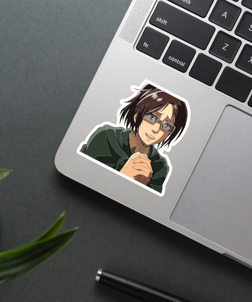 hange kawaii sticker on laptop showing detailed anime character with glasses and green jacket
