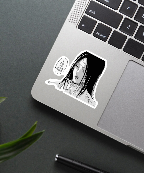 motivated eren sticker on laptop showing manga style with motivational quote and serious expression
