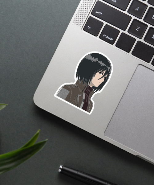 serious mikasa sticker on phone case showing calm intense expression with brown jacket and red scarf