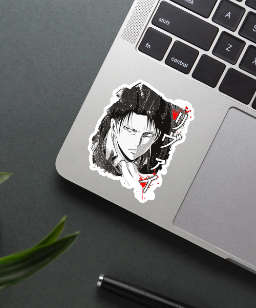 levi ackerman anime sticker on phone case showing bold black white and red colors