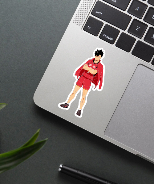tetsuro kuroo anime sticker on laptop surface showing confident pose and red sportswear