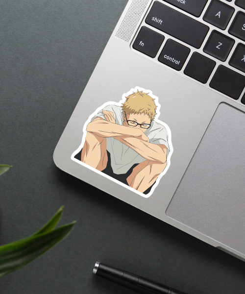 kei tsukishima anime sticker on laptop surface showing serious expression and glasses