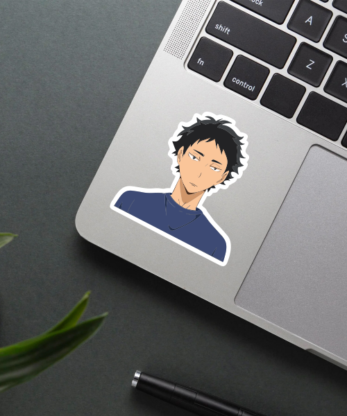 akaashi keiji sticker on laptop surface showing calm expression and navy shirt
