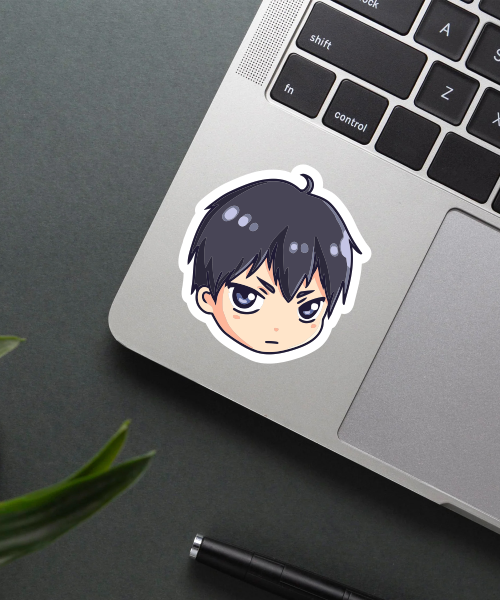 tobio kageyama anime sticker on laptop surface showing chibi face
