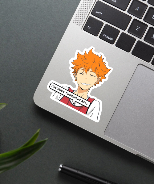 shoyo hinata anime sticker on water bottle surface showing bright orange hair and text