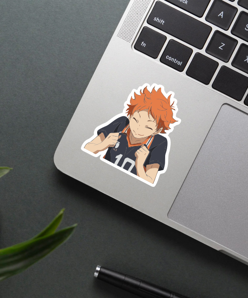 haikyuu hinata shoyo sticker on laptop showing happy face anime character