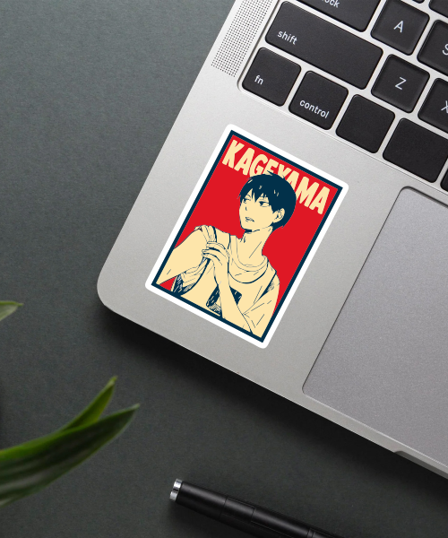 haikyuu tobio kageyama cool pose sticker on laptop showing red cream anime design
