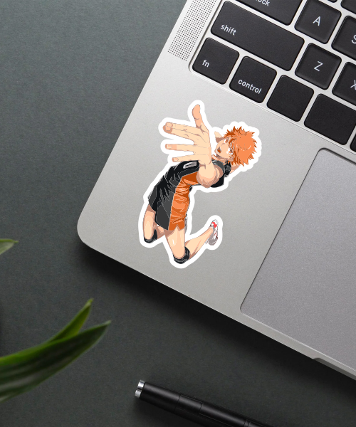 haikyuu hinata shoyo jumping spike sticker on water bottle showing dynamic volleyball anime design