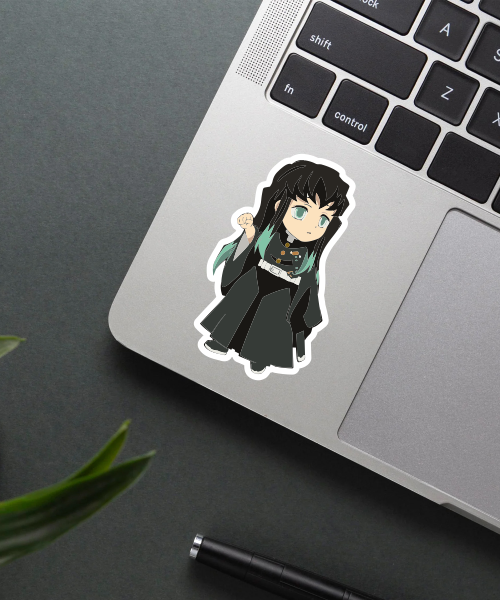 muichiro tokito anime sticker on laptop surface showing cute chibi character