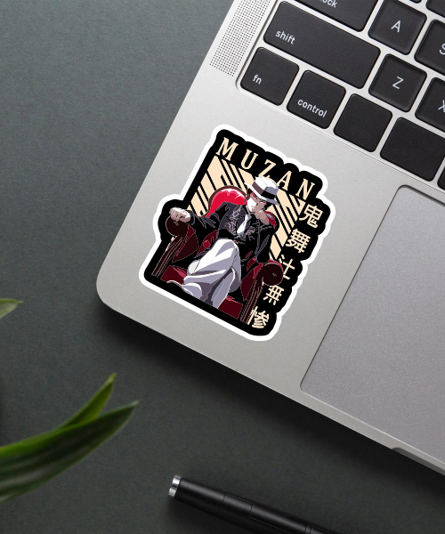 muzan demon slayer sticker on laptop surface showing dark suit and red chair