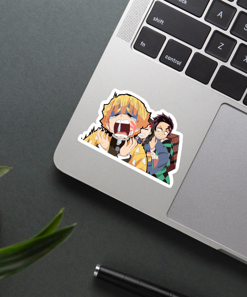 zenitsu agatsuma demon slayer sticker on laptop surface showing crying expression