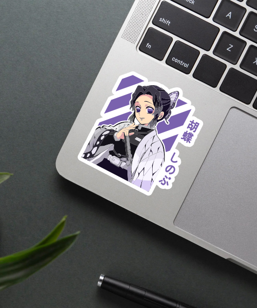 kocho shinobu demon slayer sticker on laptop surface showing purple stripes and sword