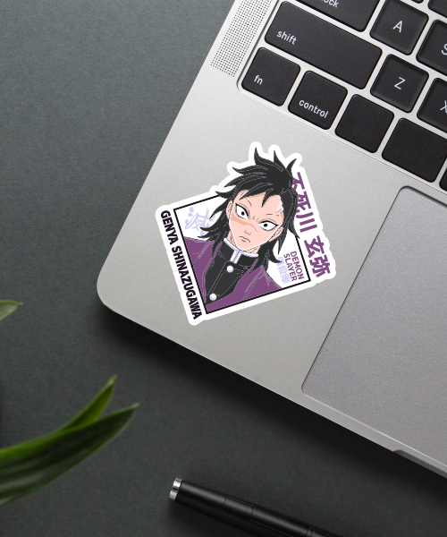 genya shinazugawa demon slayer vinyl sticker on laptop surface showing bold anime character