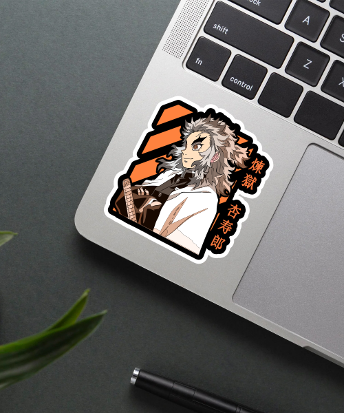 kyojuro rengoku demon slayer sticker on laptop surface showing fiery colors and sharp details