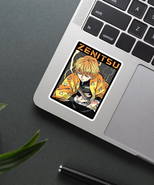 zenitsu agatsuma anime sticker on laptop surface showing bright colors and lightning effects