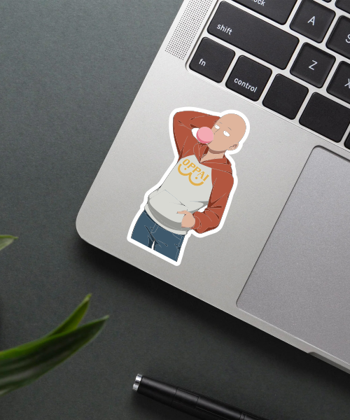 one punch man sticker on laptop showing saitama in hoodie with bubblegum