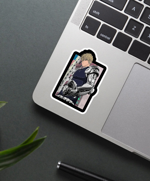 one punch man genos sticker on laptop showing cyborg armor and cool pose
