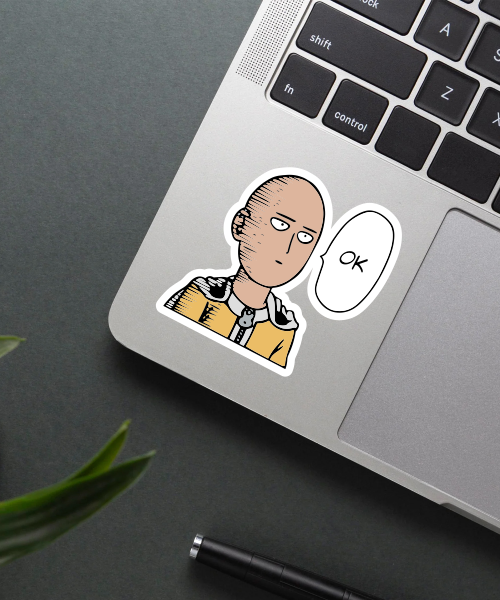 one punch man saitama sticker on laptop showing calm face and ok speech bubble