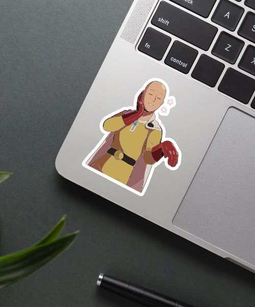 one punch man saitama sticker on laptop showing cute blush expression and flowers