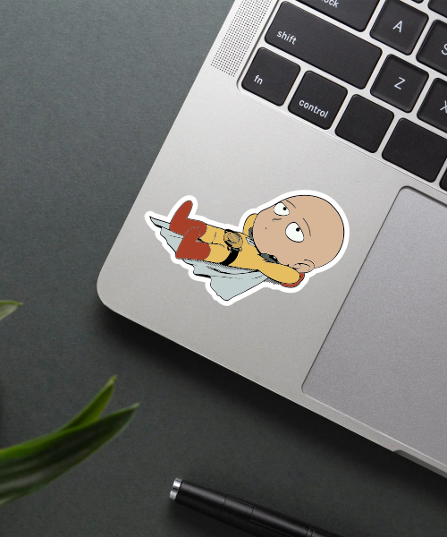 saitama resting chibi sticker on laptop surface showing vibrant colors and smooth edges