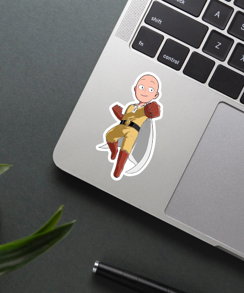 saitama flying sticker on laptop surface showing vibrant colors and smooth edges