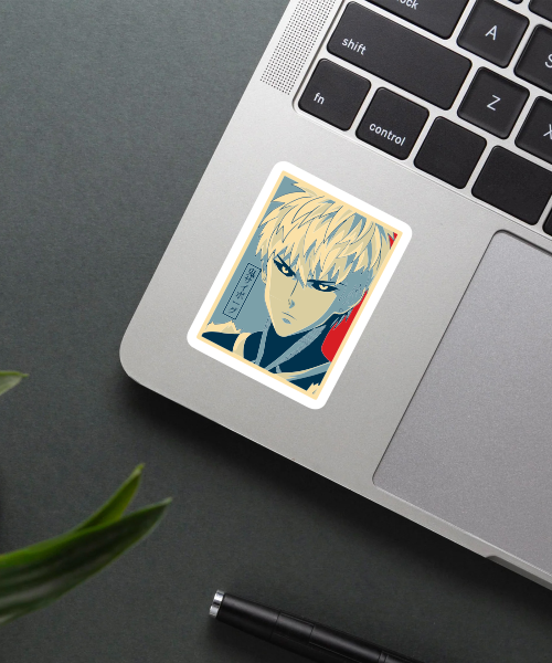genos one punch man sticker on laptop surface showing bold colors and sharp details