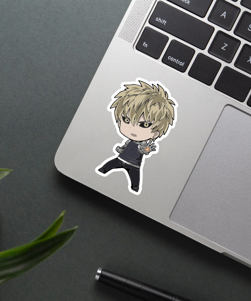 genos chibi sticker on laptop surface showing bright colors and clean outline