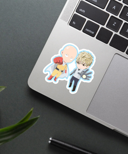 one punch man sticker featuring saitama and genos characters on laptop surface
