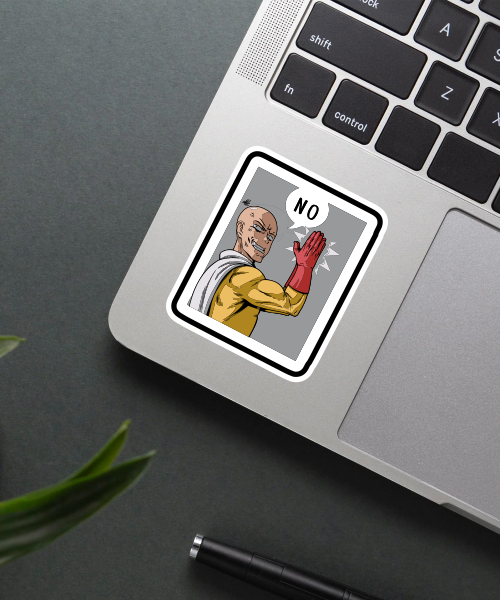 one punch man sticker with saitama saying no on laptop surface