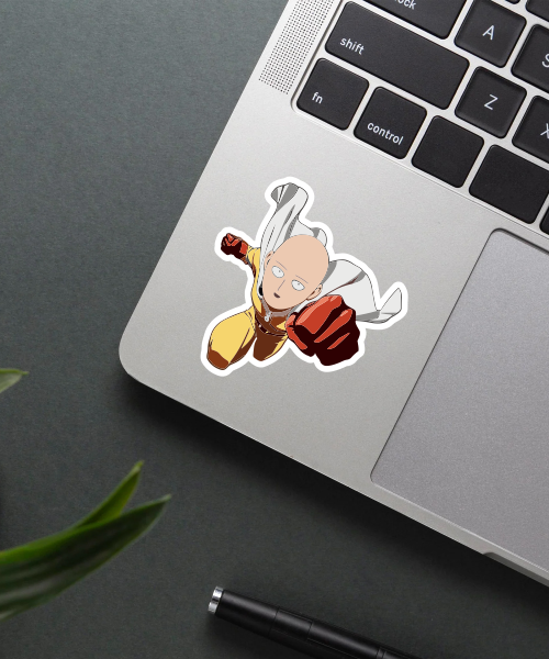 one punch man sticker of saitama flying with red gloves on laptop surface