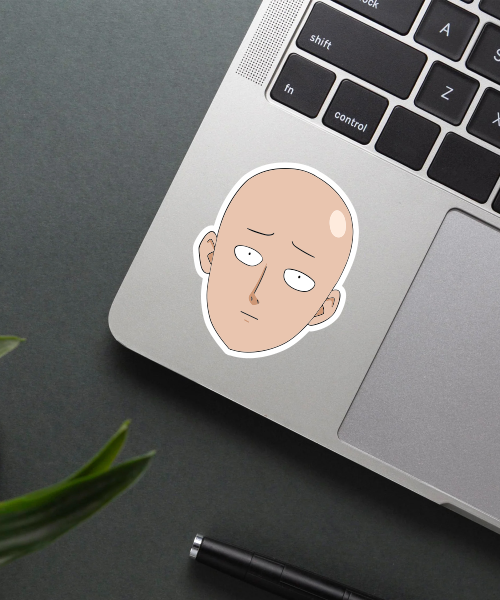 one punch man sticker featuring saitama face expression on laptop surface