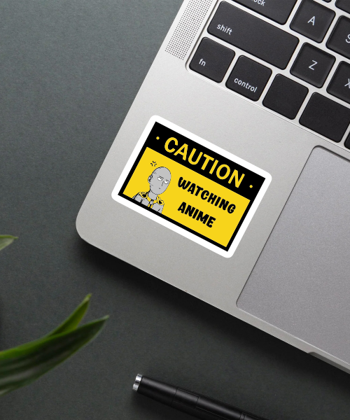 one punch man sticker caution watching anime with saitama on laptop surface