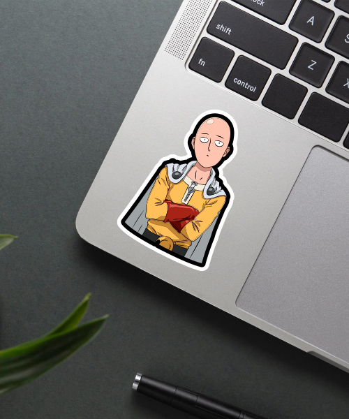saitama sticker one punch man on laptop surface showing clear vibrant colors