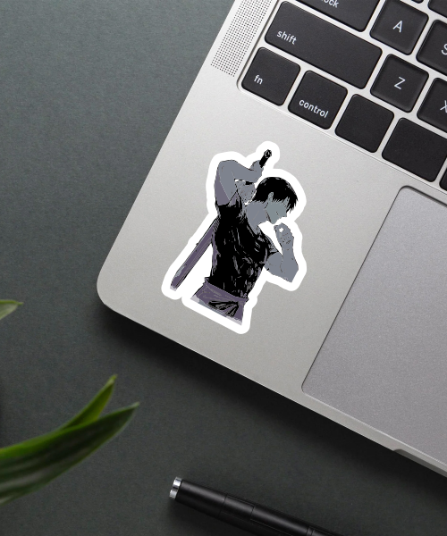toji foshiguro anime sticker on laptop surface showing sword pose
