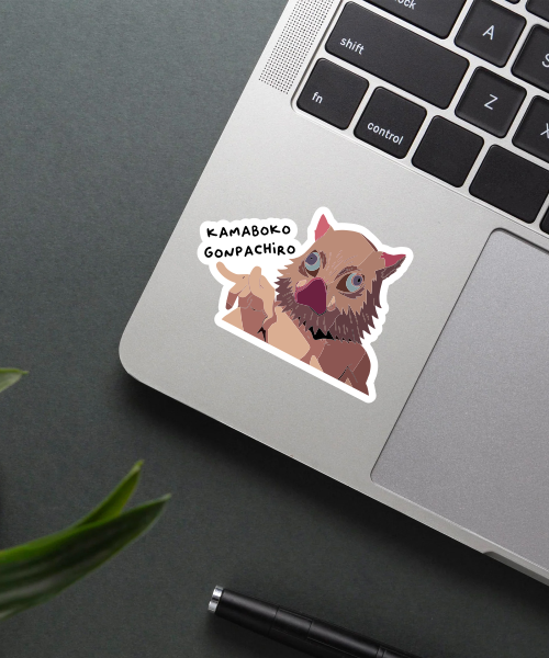 inosuke hashibira demon slayer sticker on laptop surface showing boar mask design