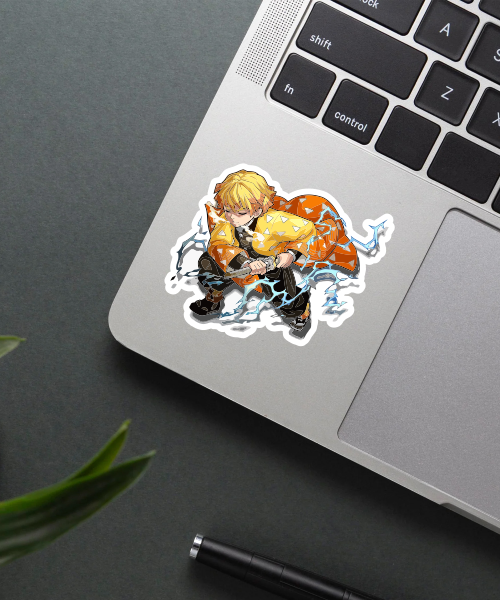 zenitsu agatsuma sticker on laptop surface showing bright anime character