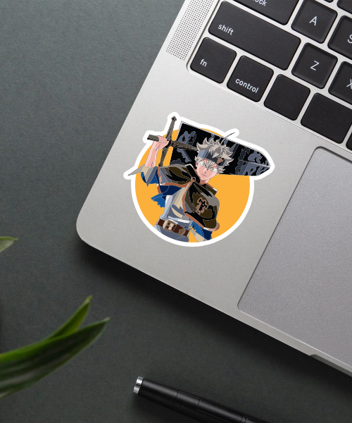 asta black clover sticker on laptop surface showing anime character with sword