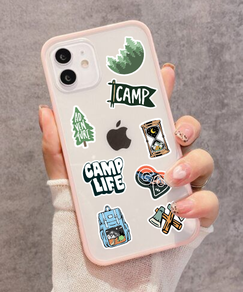 adventure mini sticker sheet stickers applied on phone case showing camping and nature icons