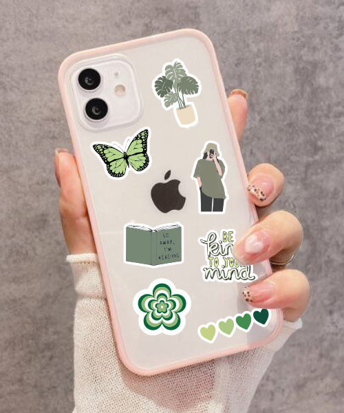 green mini sticker sheet stickers applied on phone case showing plants, butterfly, avocado, and motivational quotes
