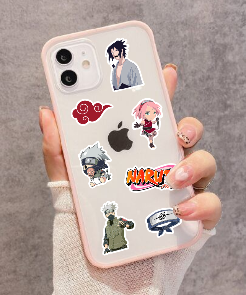 naruto mini sticker sheet stickers applied on phone case showing chibi characters and symbols