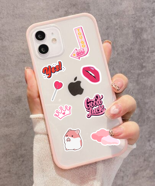 pink mini sticker sheet stickers applied on phone case showing lips, crowns, hamster, and motivational words