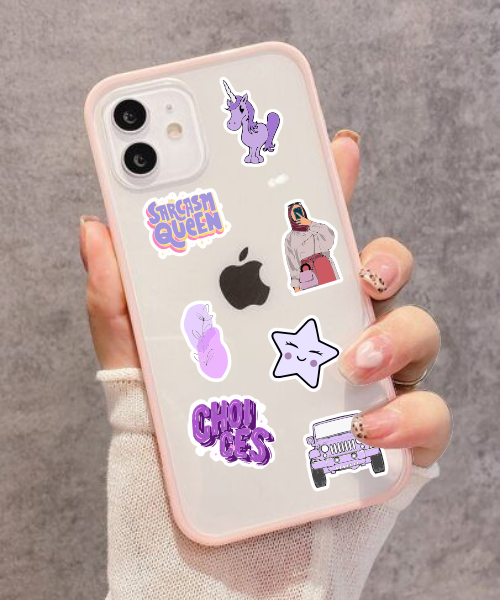 purple mini sticker sheet stickers applied on clear phone case